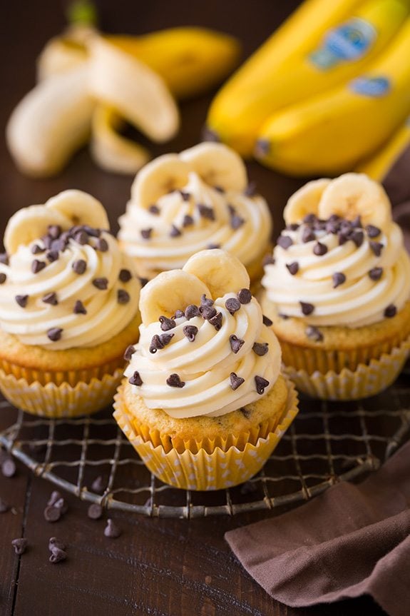 Indulgent Banana Chocolate Chip Cupcakes with Tangy Frosting